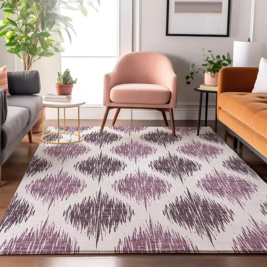 Purple And Ivory Ikat Washable Area Rug With UV Protection Photo 5