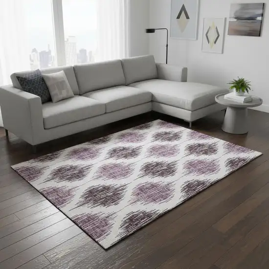 Purple And Ivory Ikat Washable Area Rug With UV Protection Photo 2