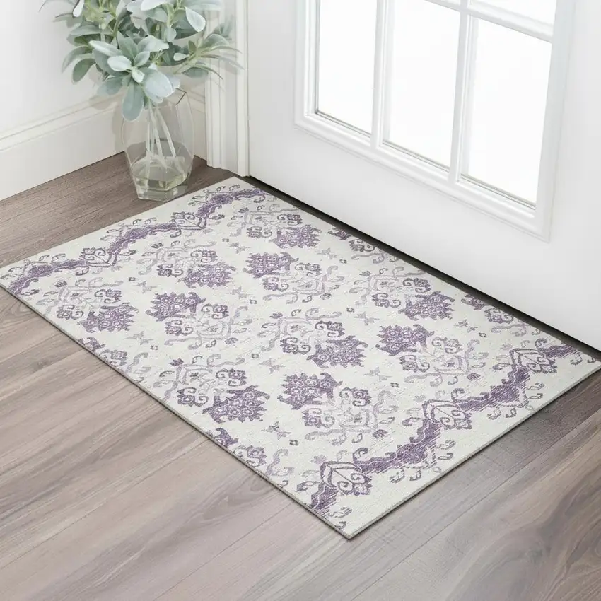 Purple And Ivory Medallion Washable Area Rug With UV Protection Photo 1
