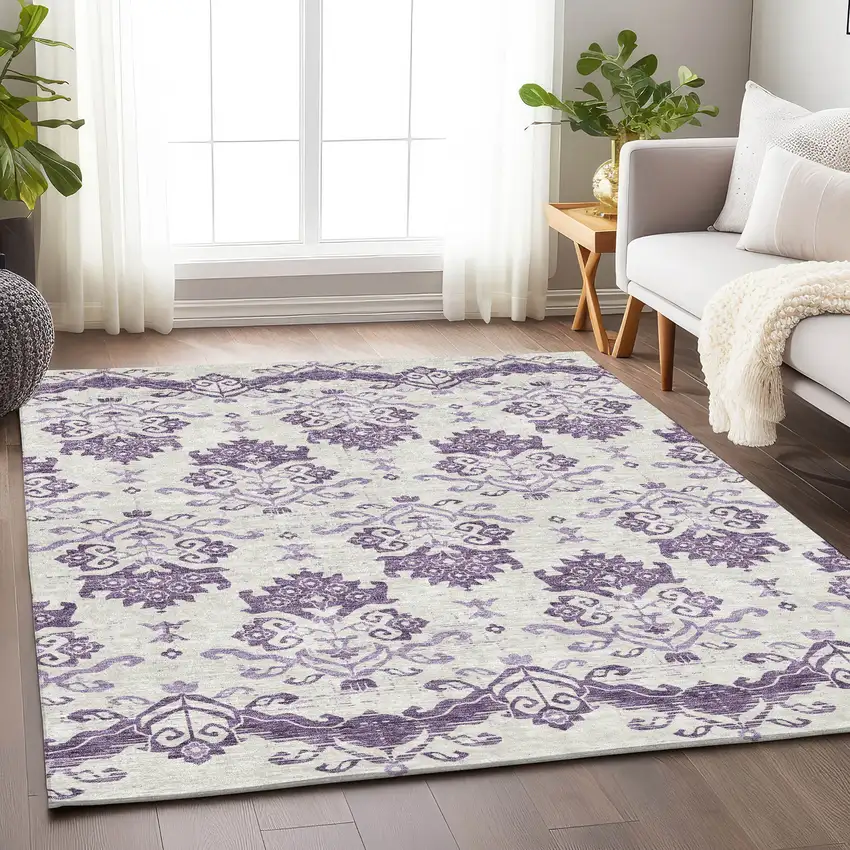 Purple And Ivory Medallion Washable Area Rug With UV Protection Photo 4