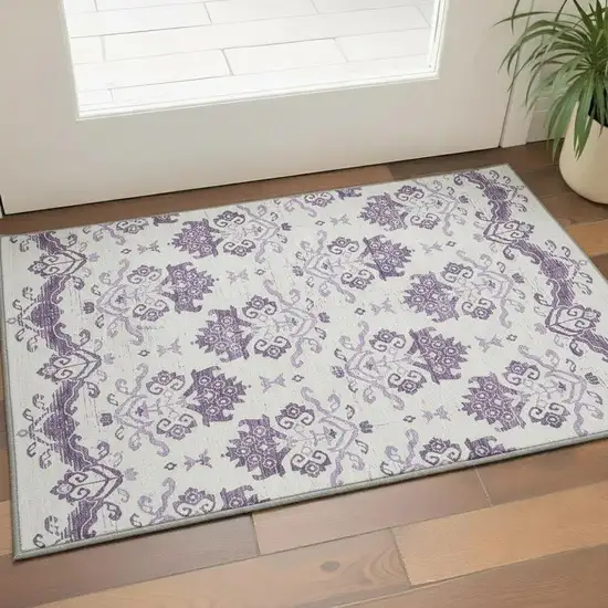 Purple And Ivory Medallion Washable Area Rug With UV Protection Photo 2