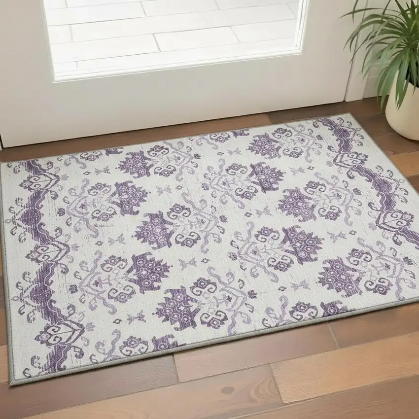 Purple And Ivory Medallion Washable Area Rug With UV Protection Photo 2