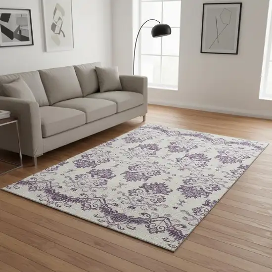 Purple And Ivory Medallion Washable Area Rug With UV Protection Photo 2