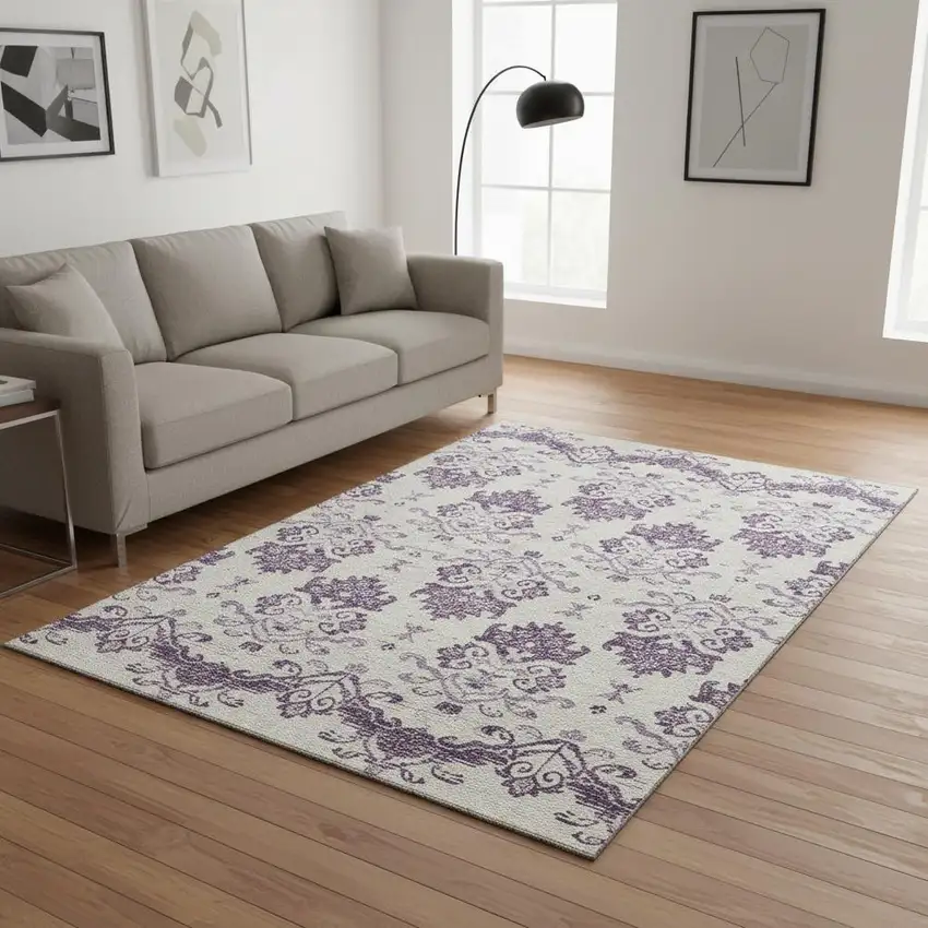 Purple And Ivory Medallion Washable Area Rug With UV Protection Photo 2