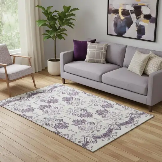 Purple And Ivory Medallion Washable Area Rug With UV Protection Photo 1
