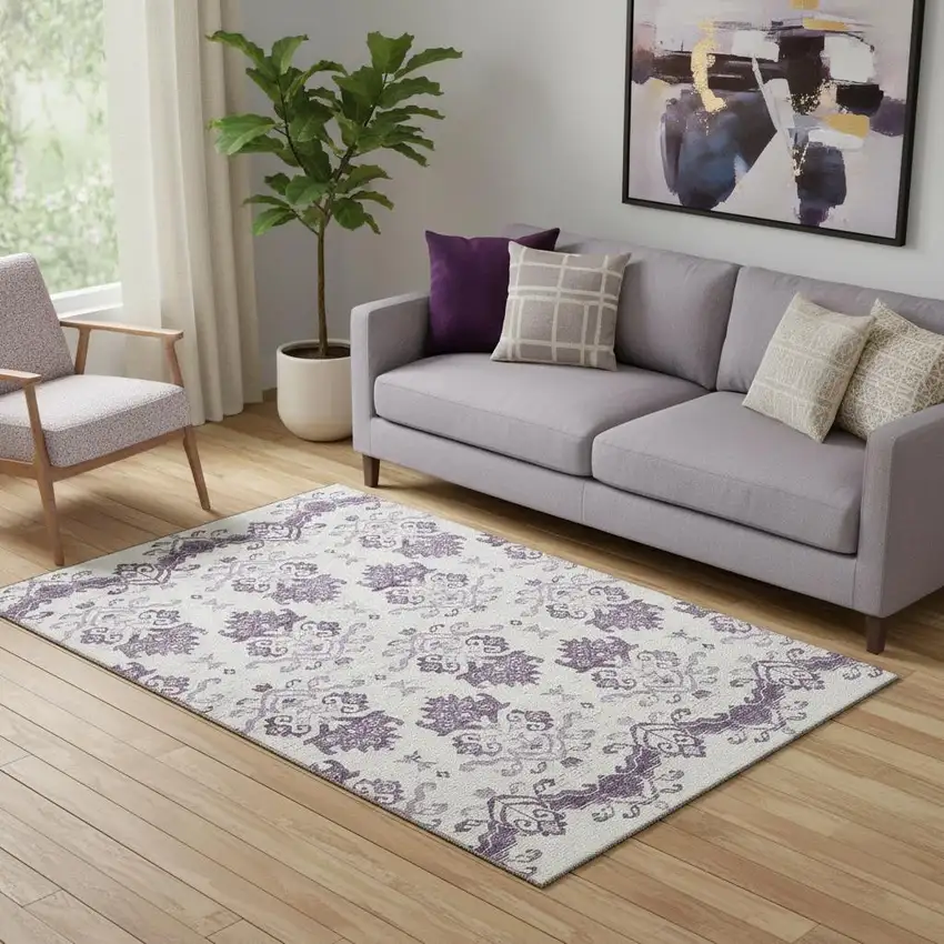 Purple And Ivory Medallion Washable Area Rug With UV Protection Photo 1