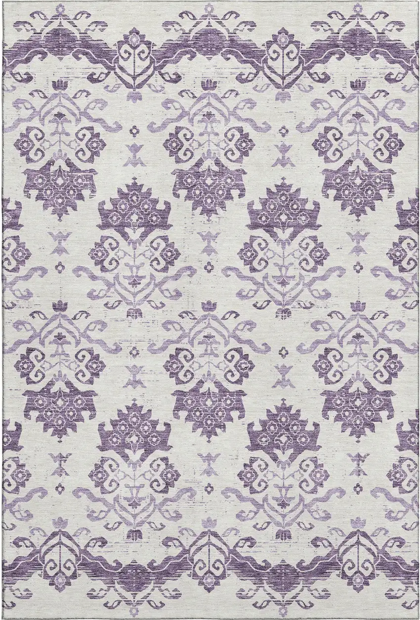 Purple And Ivory Medallion Washable Area Rug With UV Protection Photo 1
