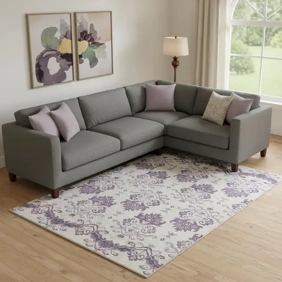 Purple And Ivory Medallion Washable Area Rug With UV Protection Photo 1