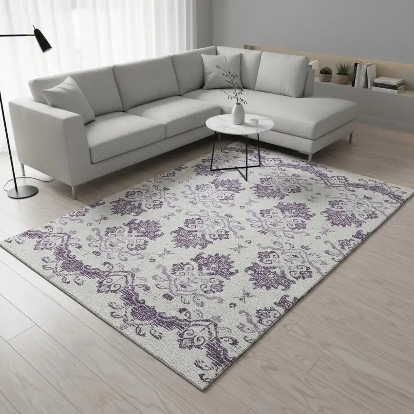Purple And Ivory Medallion Washable Area Rug With UV Protection Photo 2