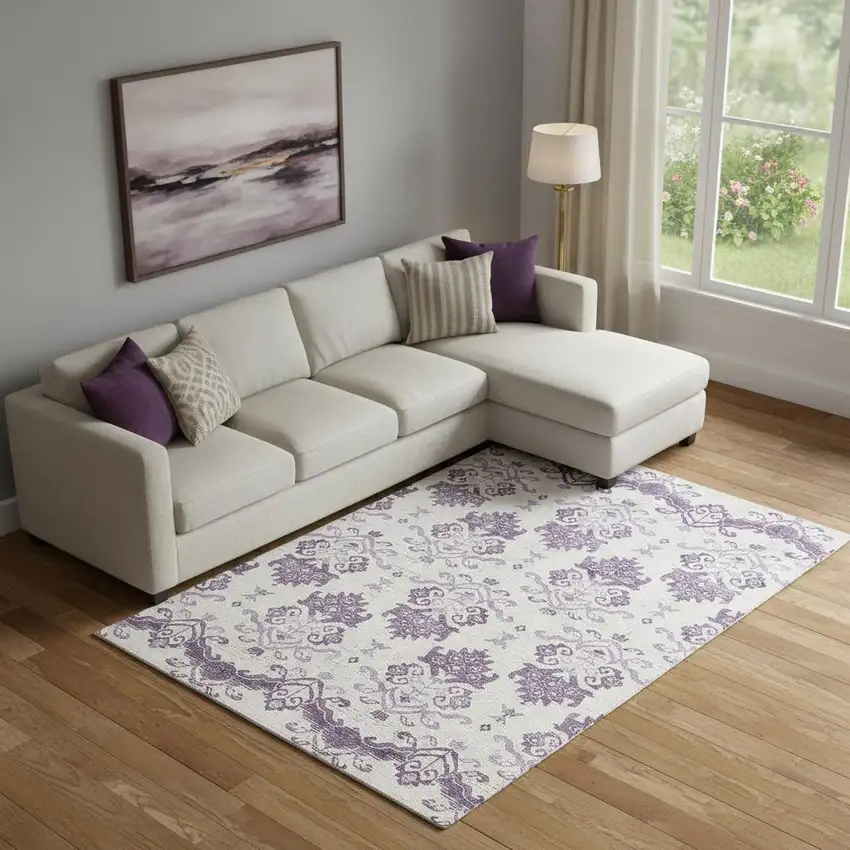 Purple And Ivory Medallion Washable Area Rug With UV Protection Photo 1