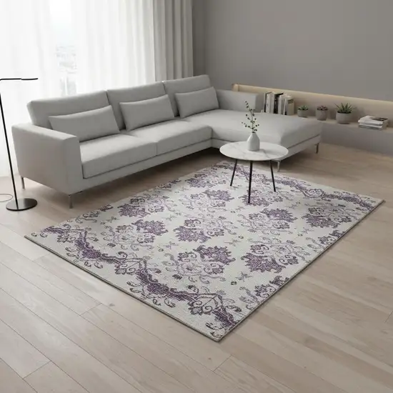 Purple And Ivory Medallion Washable Area Rug With UV Protection Photo 2