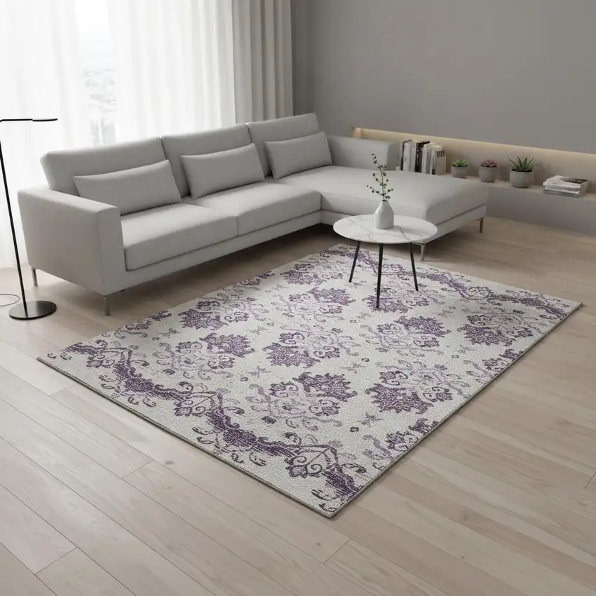 Purple And Ivory Medallion Washable Area Rug With UV Protection Photo 2
