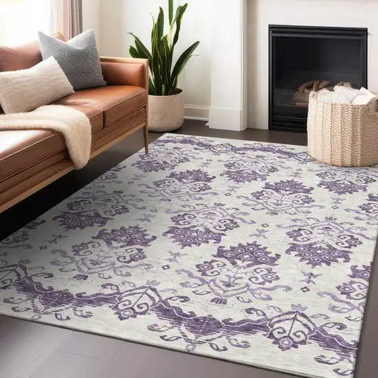 Purple And Ivory Medallion Washable Area Rug With UV Protection Photo 6