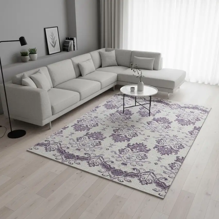 Purple And Ivory Medallion Washable Area Rug With UV Protection Photo 2