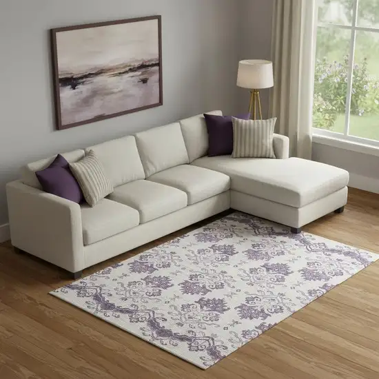 Purple And Ivory Medallion Washable Area Rug With UV Protection Photo 1