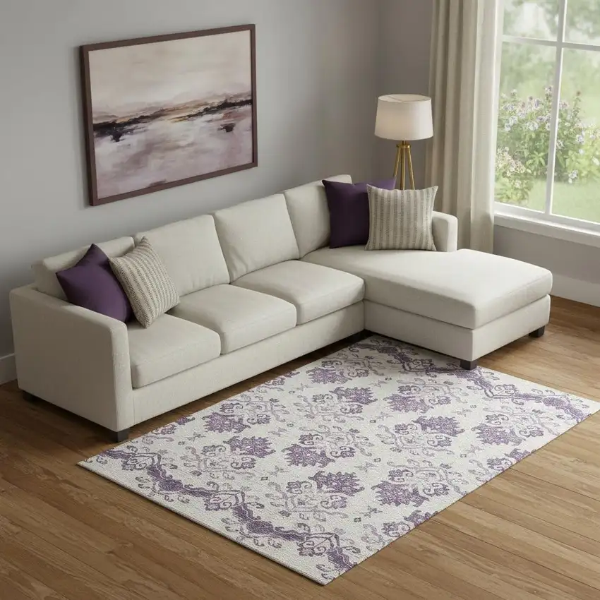 Purple And Ivory Medallion Washable Area Rug With UV Protection Photo 1