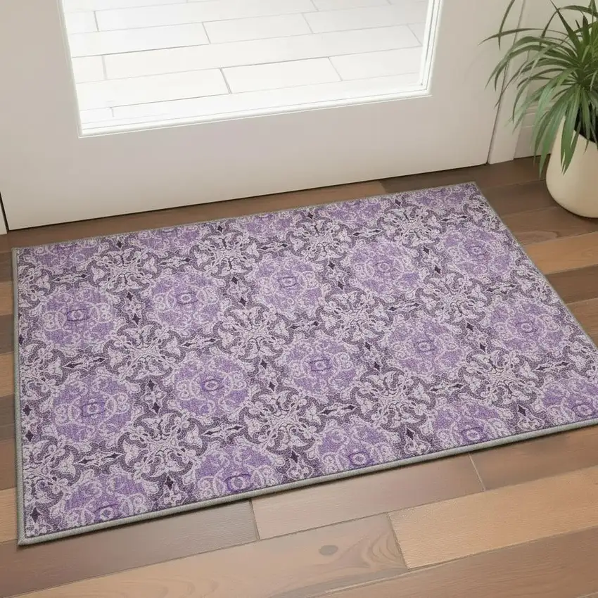 Purple And Ivory Medallion Washable Area Rug With UV Protection Photo 2