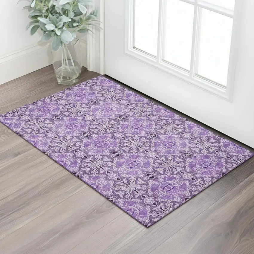 Purple And Ivory Medallion Washable Area Rug With UV Protection Photo 1