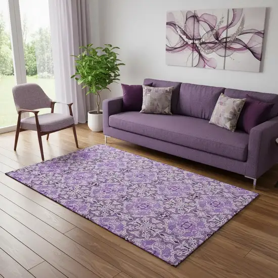 Purple And Ivory Medallion Washable Area Rug With UV Protection Photo 1