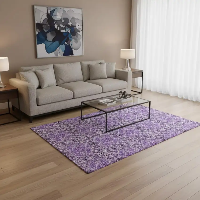 Purple And Ivory Medallion Washable Area Rug With UV Protection Photo 2