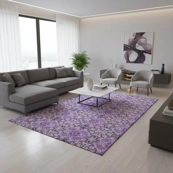 Purple And Ivory Medallion Washable Area Rug With UV Protection Photo 2