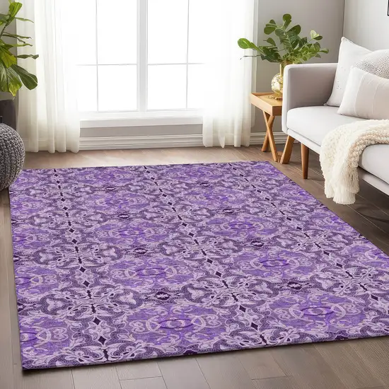 Purple And Ivory Medallion Washable Area Rug With UV Protection Photo 6