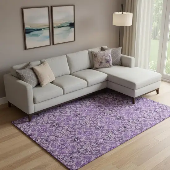 Purple And Ivory Medallion Washable Area Rug With UV Protection Photo 1