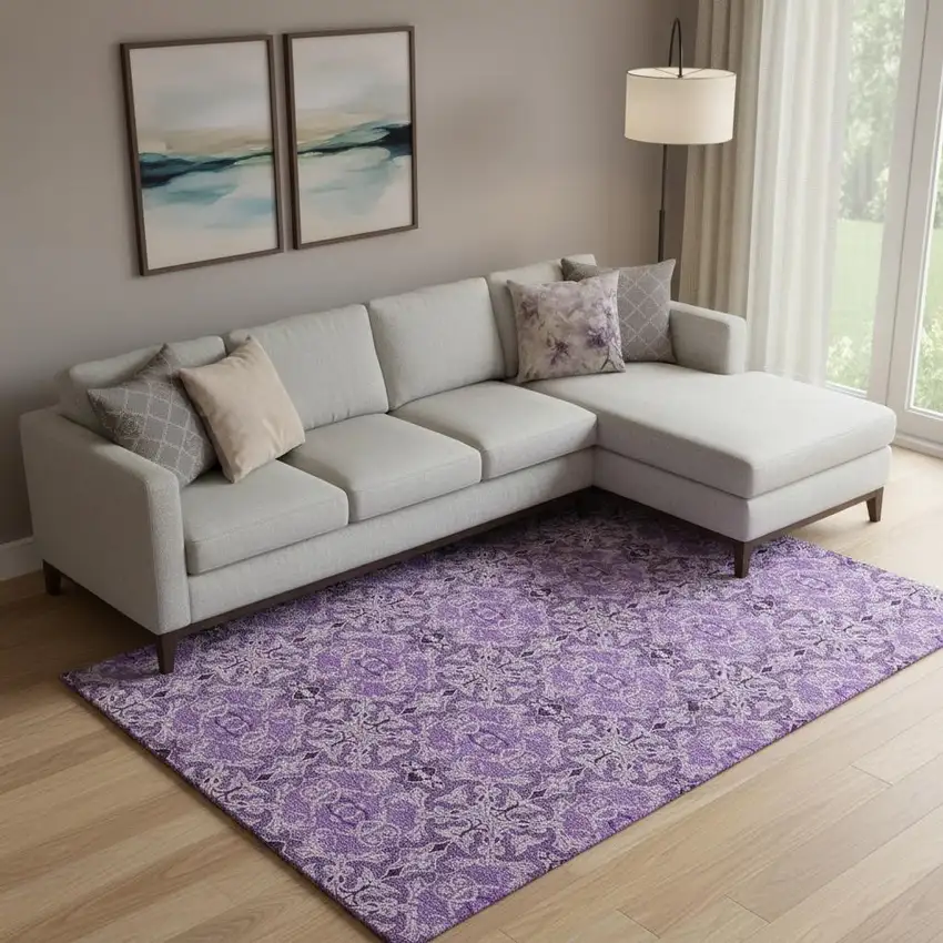 Purple And Ivory Medallion Washable Area Rug With UV Protection Photo 1