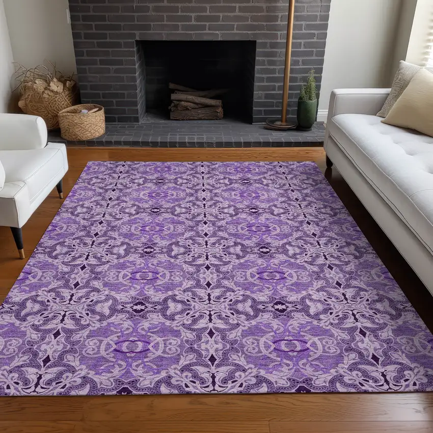 Purple And Ivory Medallion Washable Area Rug With UV Protection Photo 5