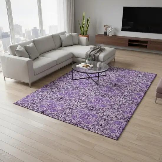 Purple And Ivory Medallion Washable Area Rug With UV Protection Photo 2