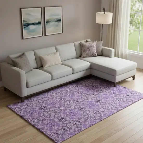 Purple And Ivory Medallion Washable Area Rug With UV Protection Photo 1