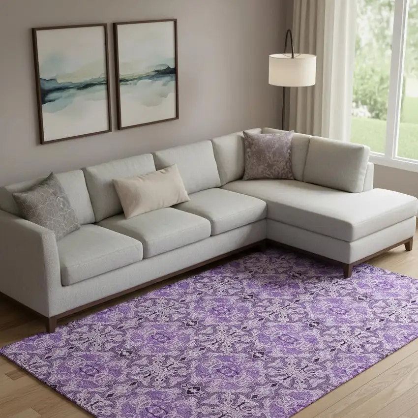 Purple And Ivory Medallion Washable Area Rug With UV Protection Photo 1