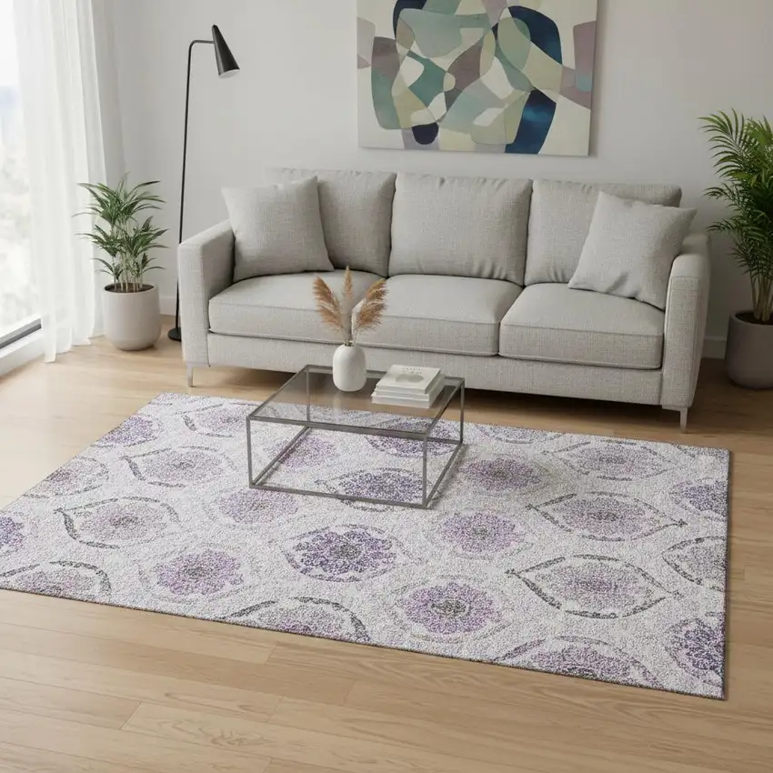 Purple And Ivory Medallion Washable Area Rug With UV Protection Photo 2
