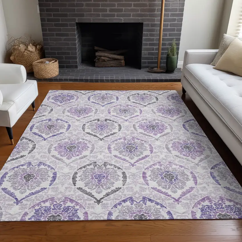 Purple And Ivory Medallion Washable Area Rug With UV Protection Photo 5
