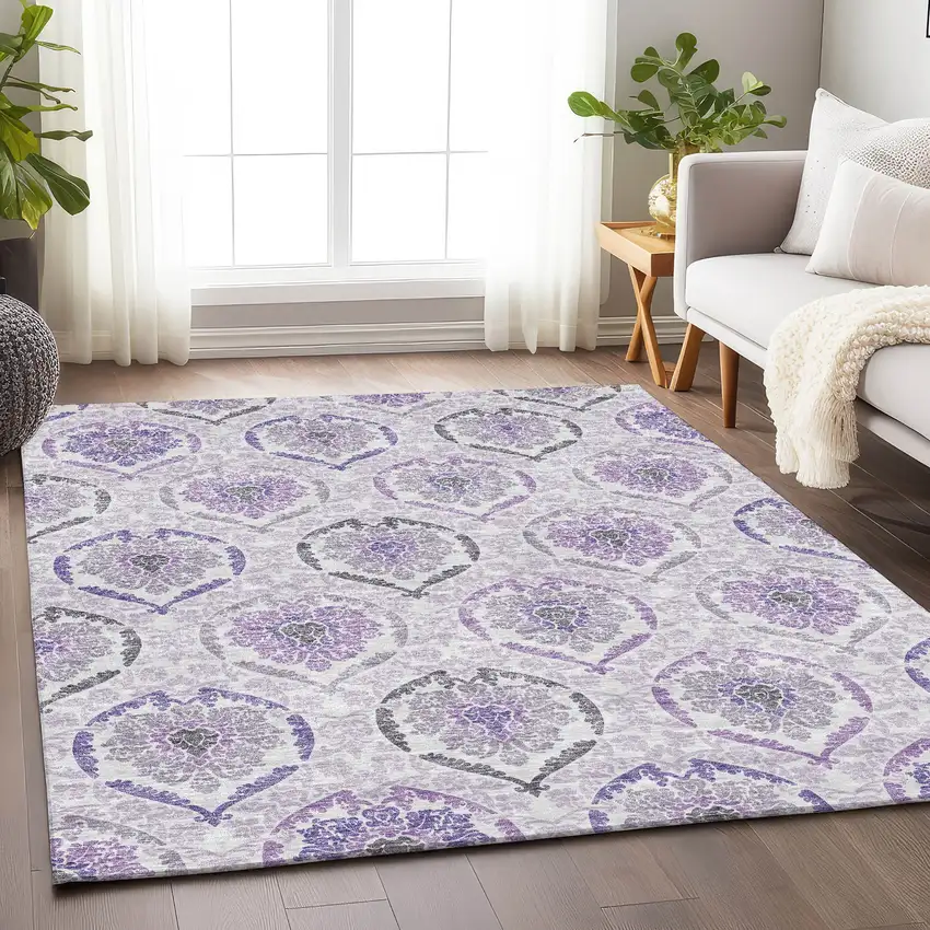 Purple And Ivory Medallion Washable Area Rug With UV Protection Photo 6