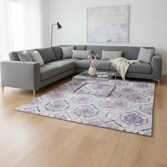 Purple And Ivory Medallion Washable Area Rug With UV Protection Photo 2