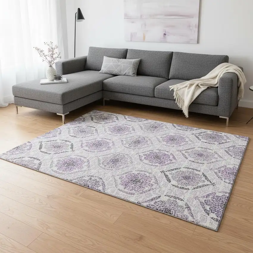 Purple And Ivory Medallion Washable Area Rug With UV Protection Photo 2