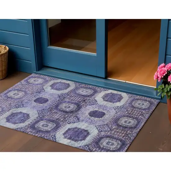 Purple And Ivory Medallion Washable Indoor Outdoor Area Rug Photo 2