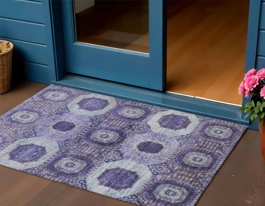 Purple And Ivory Medallion Washable Indoor Outdoor Area Rug Photo 2