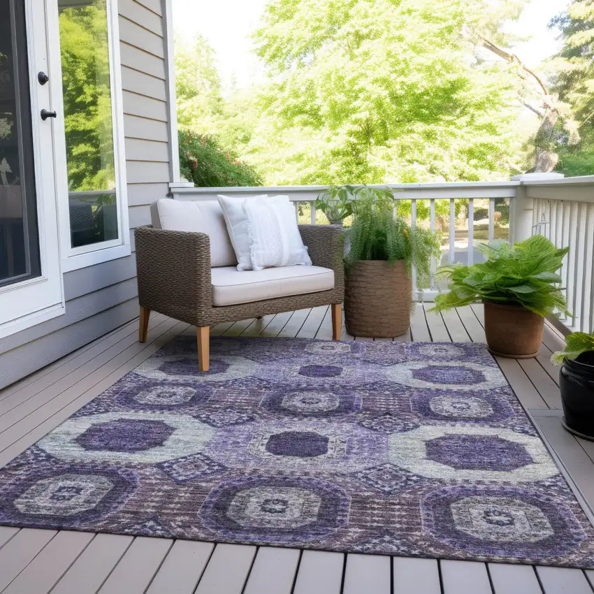 Purple And Ivory Medallion Washable Indoor Outdoor Area Rug Photo 8