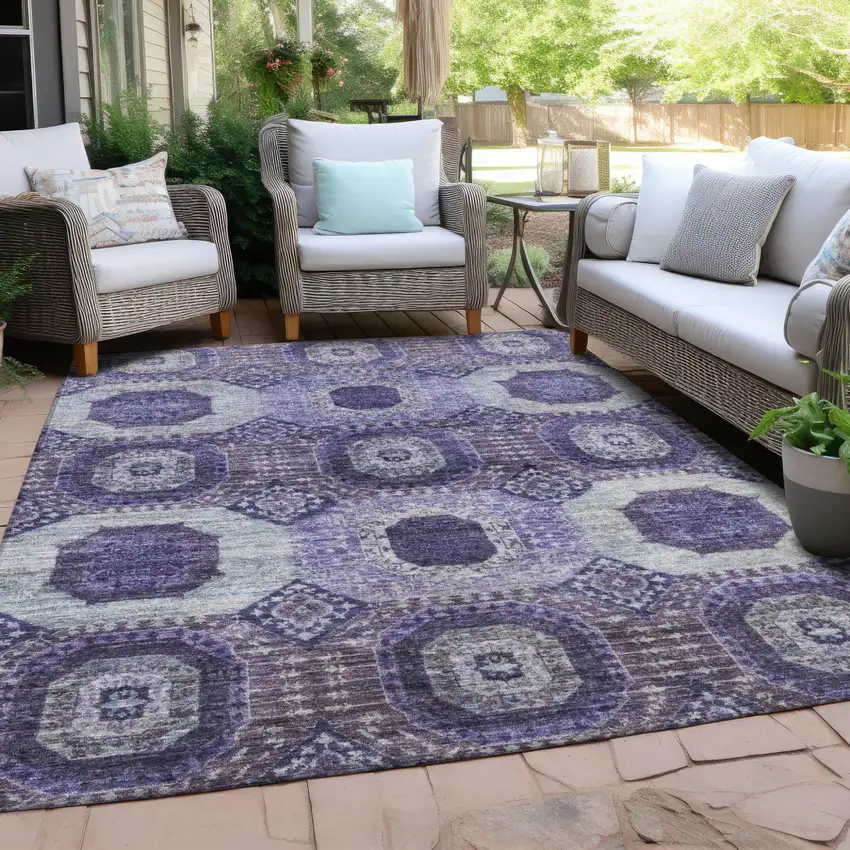 Purple And Ivory Medallion Washable Indoor Outdoor Area Rug Photo 5