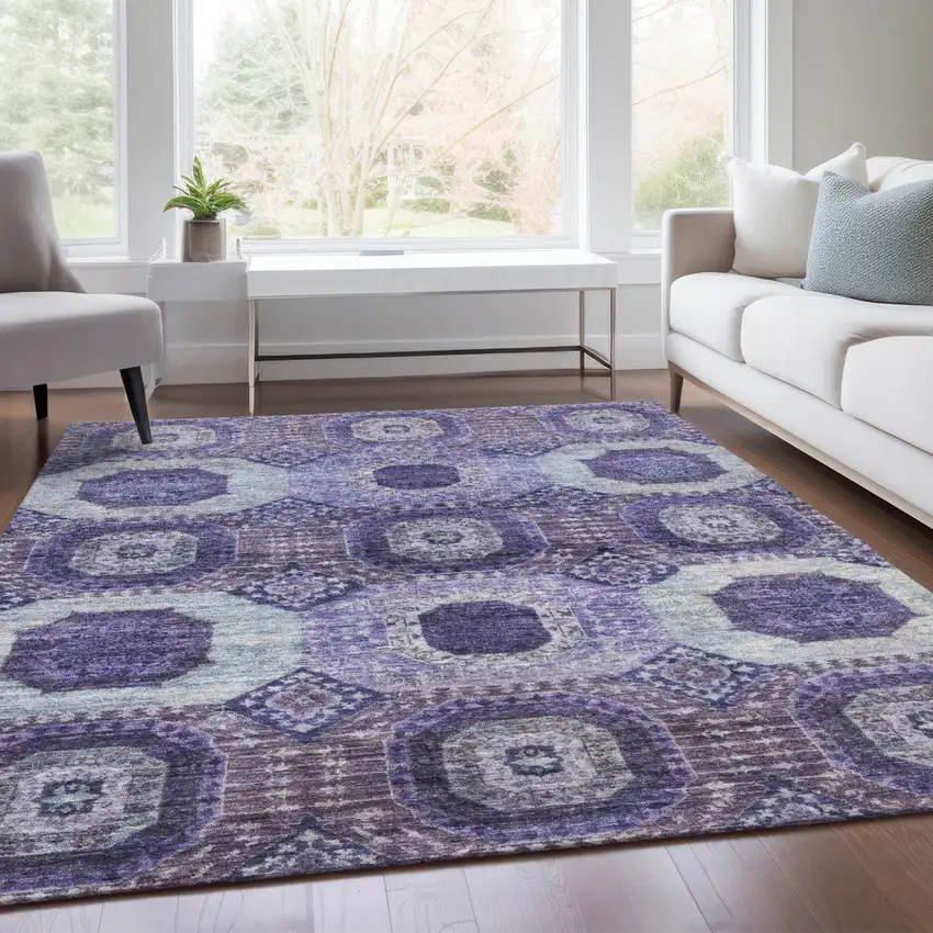 Purple And Ivory Medallion Washable Indoor Outdoor Area Rug Photo 7