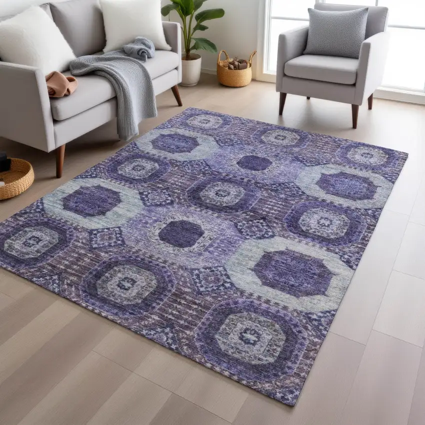 Purple And Ivory Medallion Washable Indoor Outdoor Area Rug Photo 6