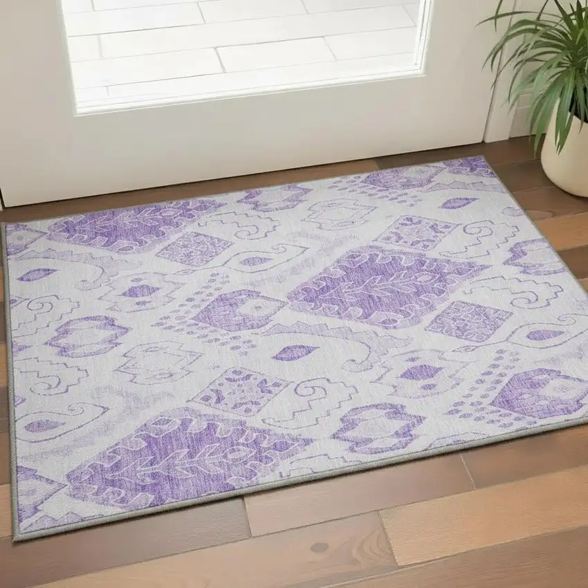 Purple And Ivory Moroccan Washable Area Rug With UV Protection Photo 2