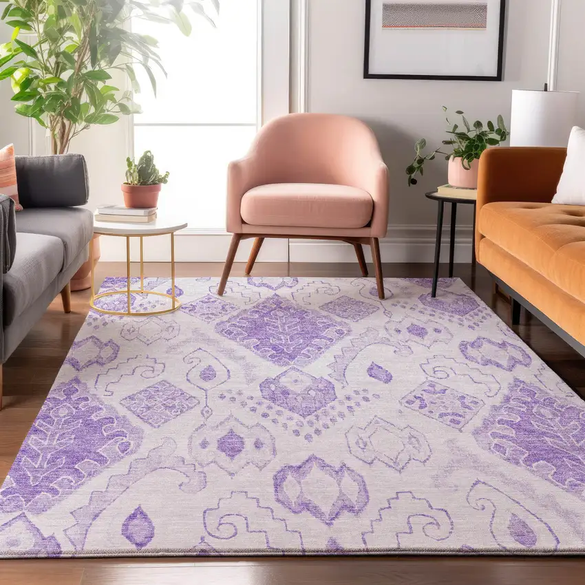 Purple And Ivory Moroccan Washable Area Rug With UV Protection Photo 5