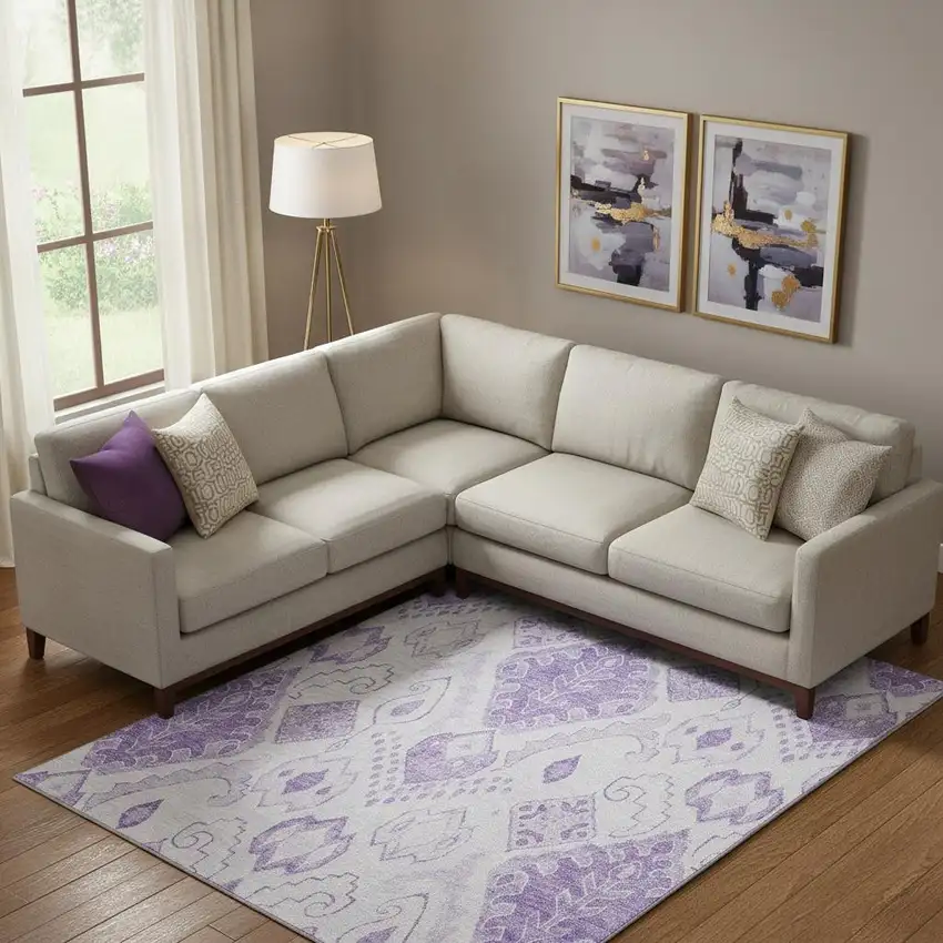 Purple And Ivory Moroccan Washable Area Rug With UV Protection Photo 1