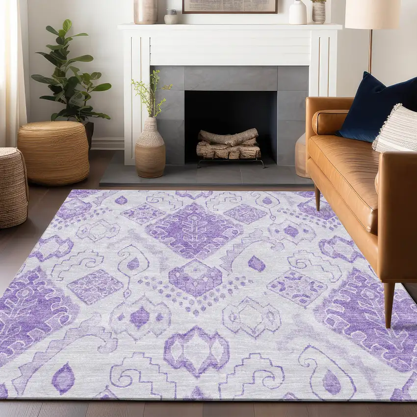 Purple And Ivory Moroccan Washable Area Rug With UV Protection Photo 6