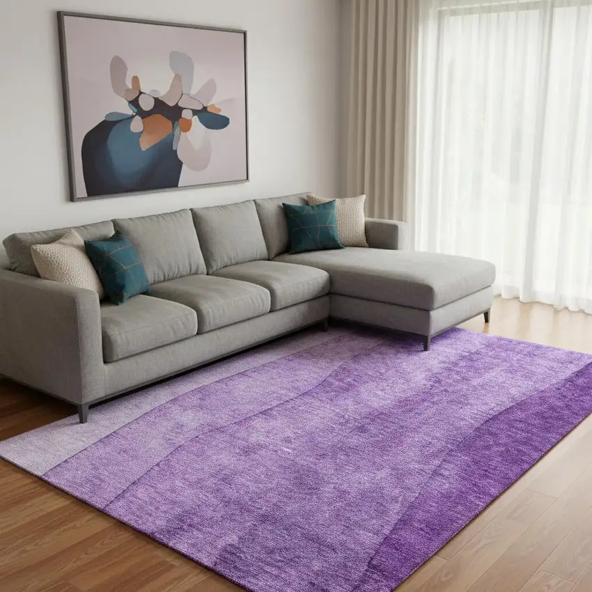Purple And Ivory Ombre Washable Area Rug With UV Protection Photo 1
