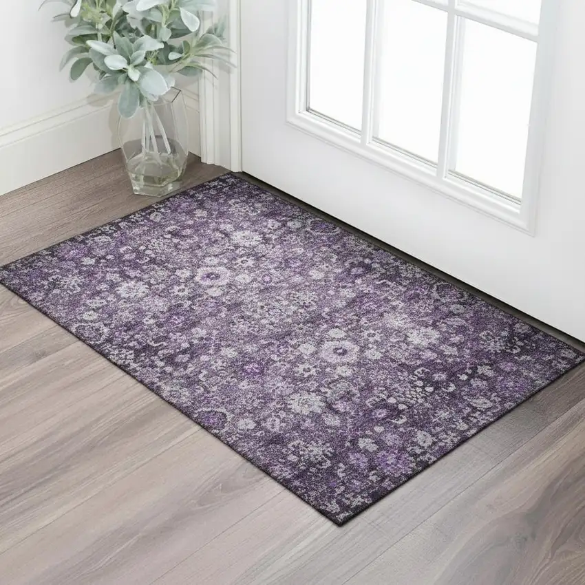 Purple And Ivory Oriental Washable Area Rug With UV Protection Photo 1