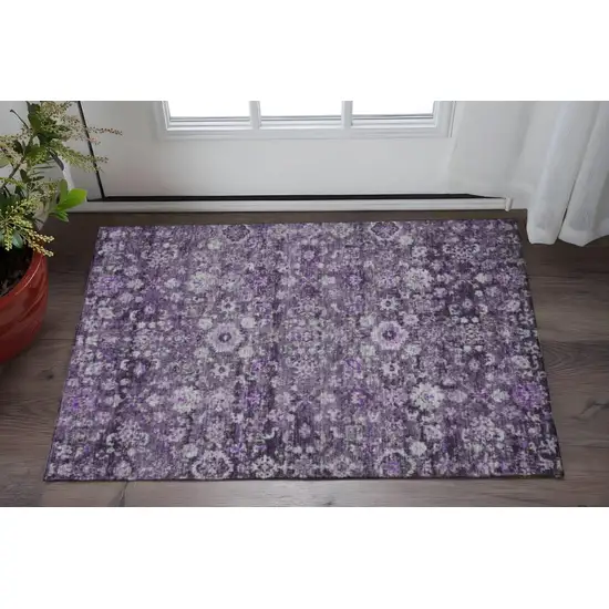 Purple And Ivory Oriental Washable Area Rug With UV Protection Photo 2